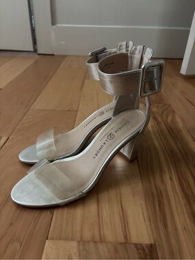 Chinese Laundry Silver Ankle-Strap Block Heel Sandals